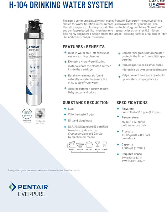 Pentair Everpure H-104 Water Filter Cartridge, EV961211, 0.5 Micron, 1000 Gallons