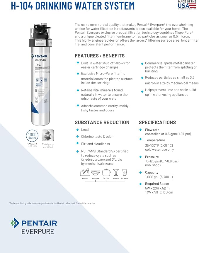 Pentair Everpure H-104 Water Filter Cartridge, EV961211, 0.5 Micron, 1000 Gallons